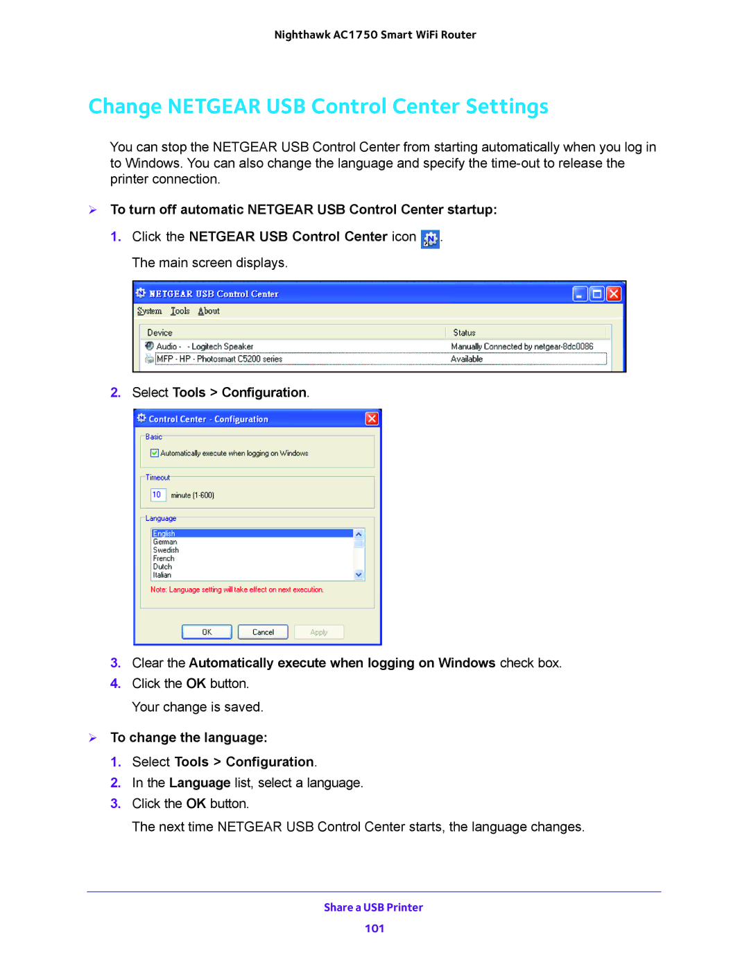 NETGEAR R6700 Change Netgear USB Control Center Settings,  To turn off automatic Netgear USB Control Center startup 