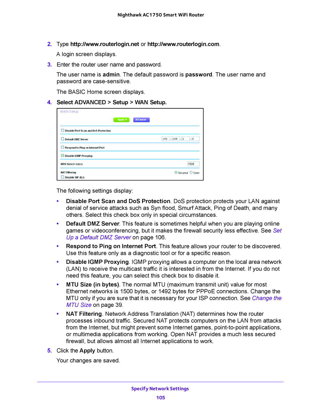 NETGEAR R6700 user manual Specify Network Settings 105 