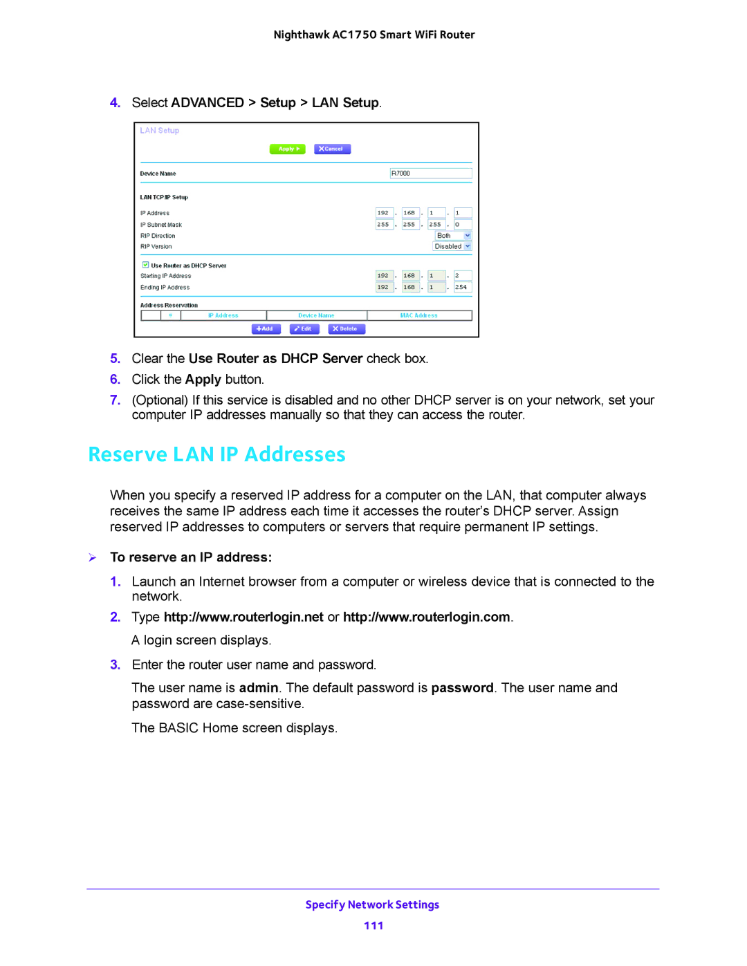 NETGEAR R6700 user manual Reserve LAN IP Addresses,  To reserve an IP address 