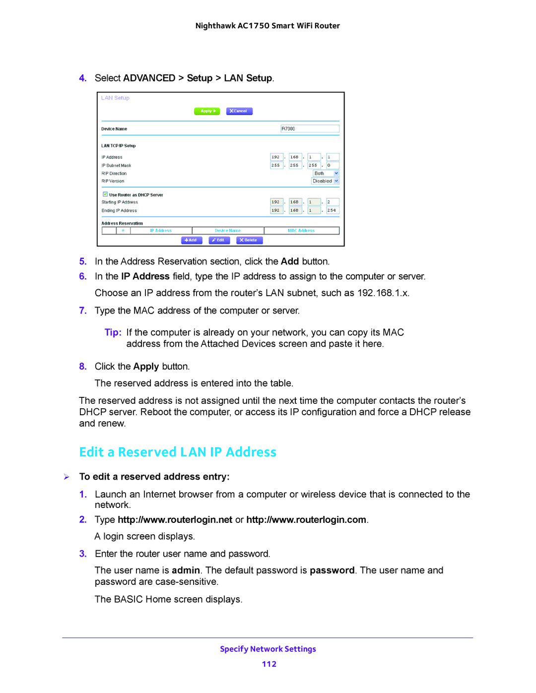 NETGEAR R6700 user manual Edit a Reserved LAN IP Address,  To edit a reserved address entry 