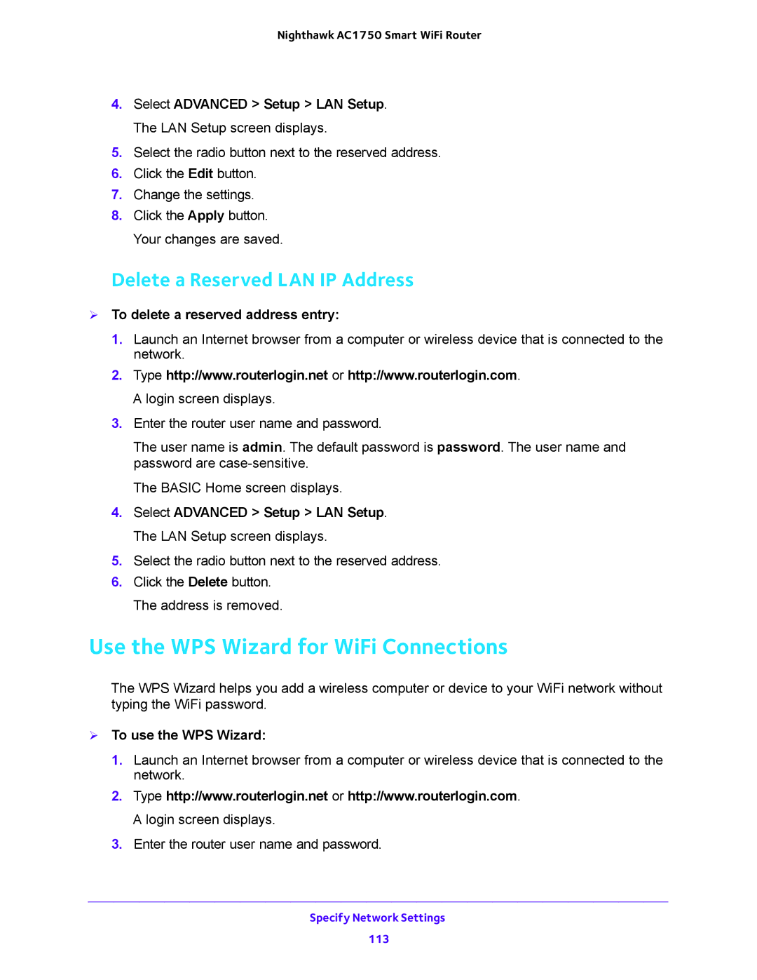 NETGEAR R6700 Use the WPS Wizard for WiFi Connections, Delete a Reserved LAN IP Address,  To use the WPS Wizard 