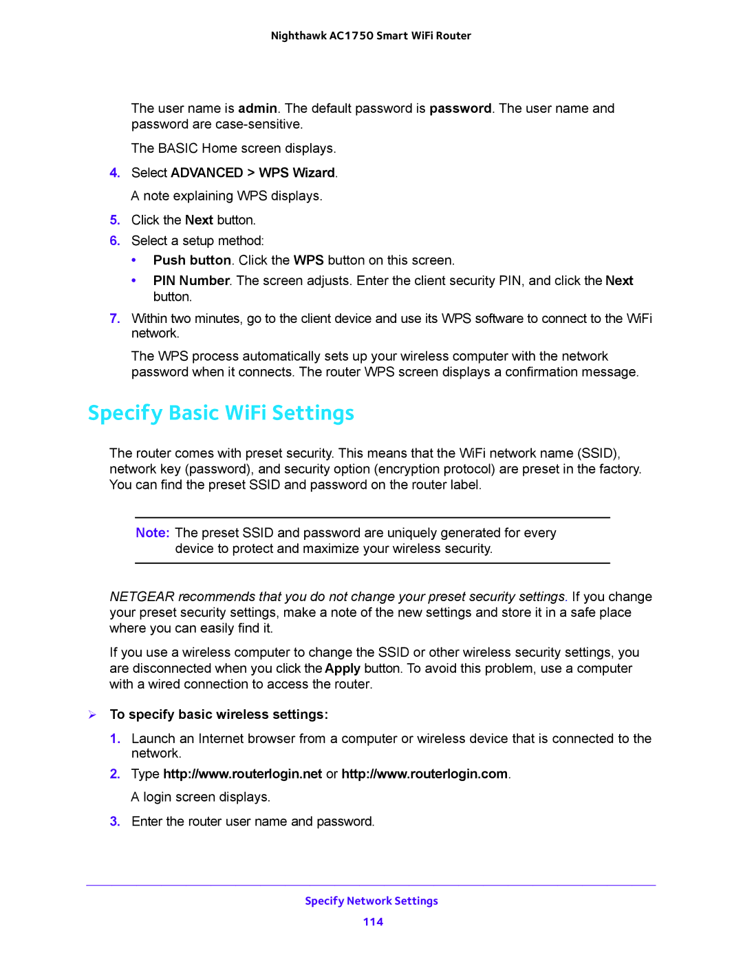 NETGEAR R6700 user manual Specify Basic WiFi Settings,  To specify basic wireless settings 