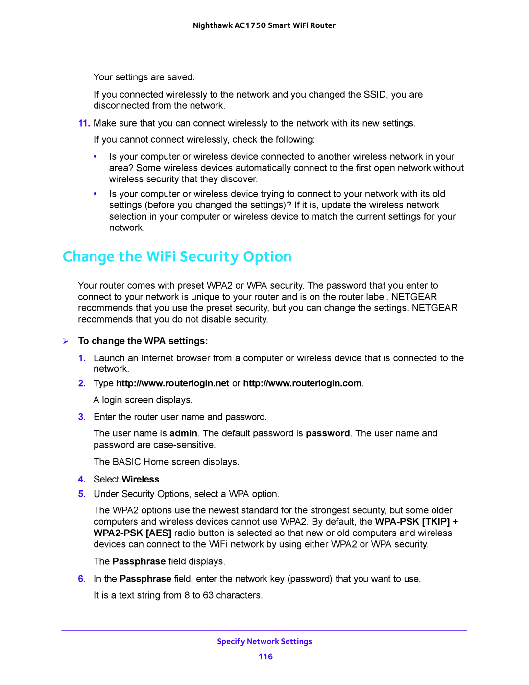 NETGEAR R6700 user manual Change the WiFi Security Option,  To change the WPA settings 