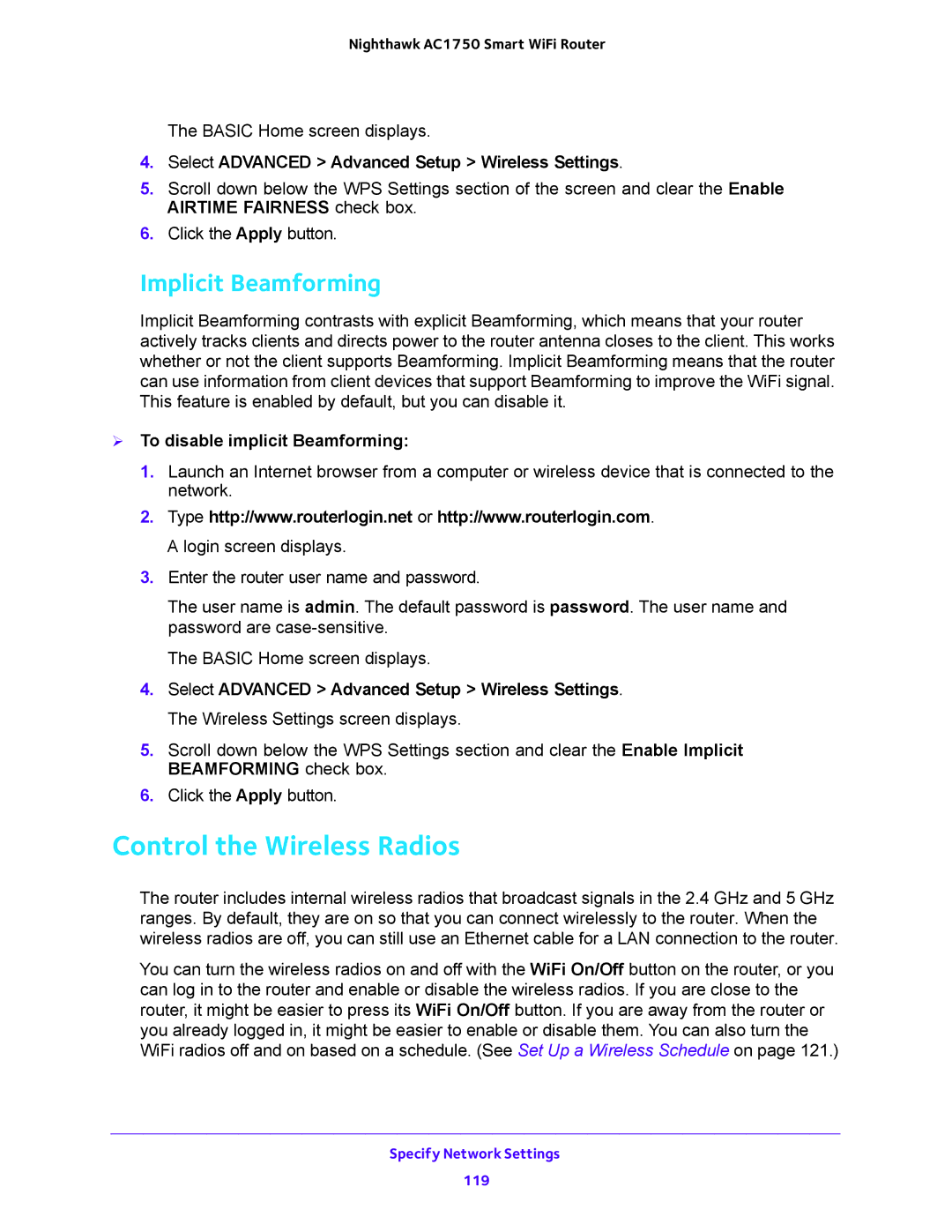 NETGEAR R6700 Control the Wireless Radios, Implicit Beamforming, Select Advanced Advanced Setup Wireless Settings 