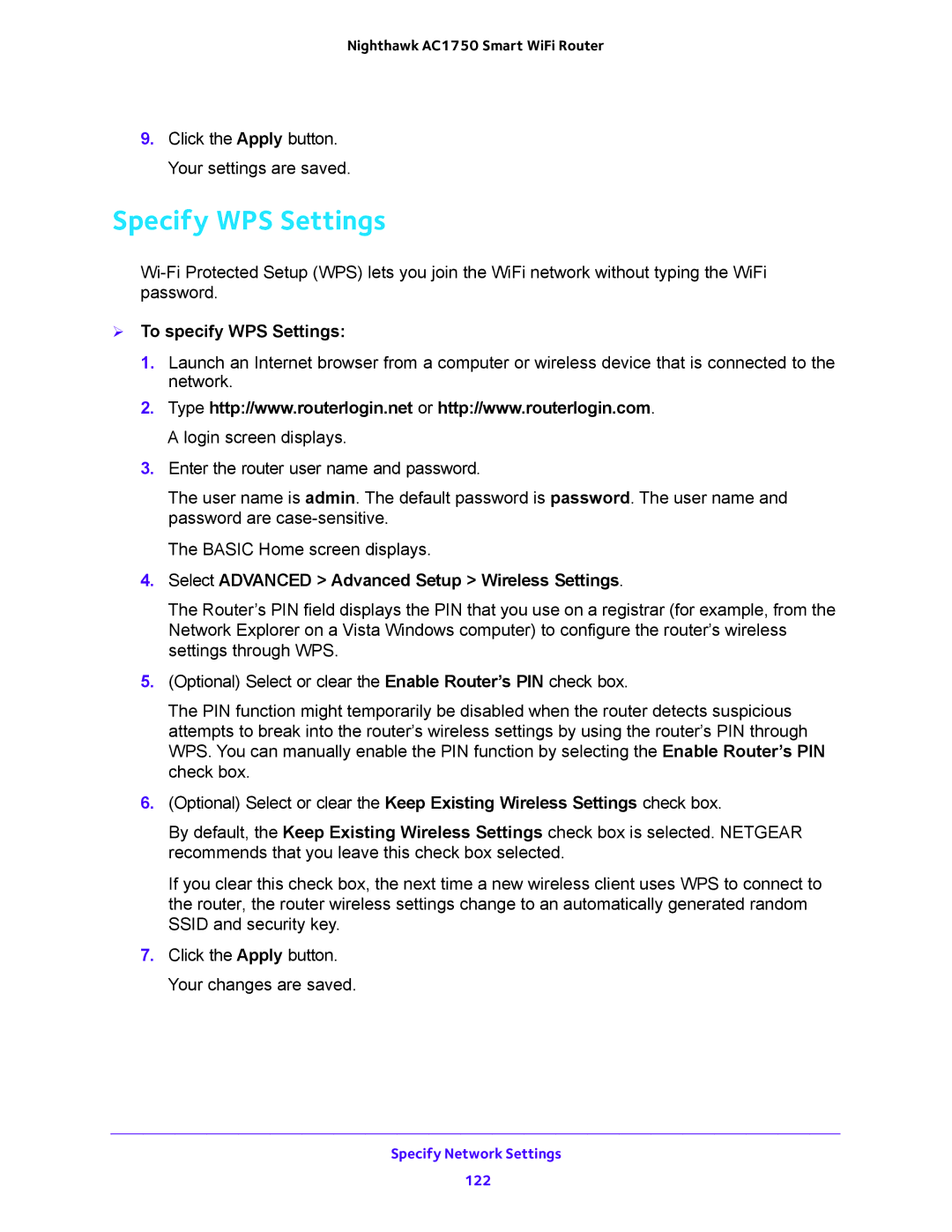 NETGEAR R6700 user manual Specify WPS Settings,  To specify WPS Settings 