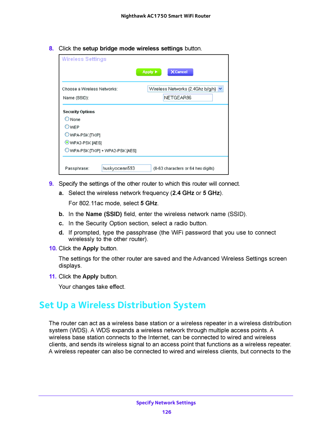 NETGEAR R6700 user manual Set Up a Wireless Distribution System, Click the setup bridge mode wireless settings button 