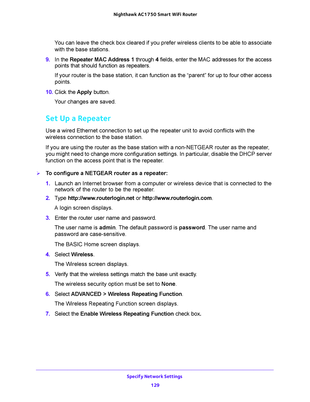 NETGEAR R6700 user manual Set Up a Repeater,  To configure a Netgear router as a repeater 