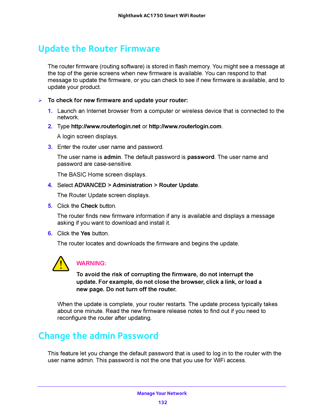 NETGEAR R6700 Update the Router Firmware, Change the admin Password,  To check for new firmware and update your router 