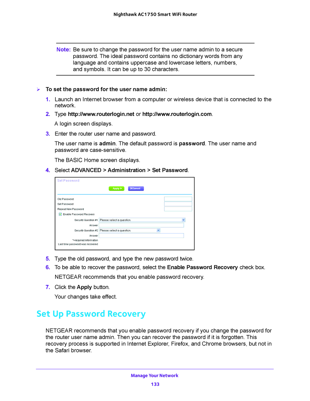 NETGEAR R6700 user manual Set Up Password Recovery,  To set the password for the user name admin 