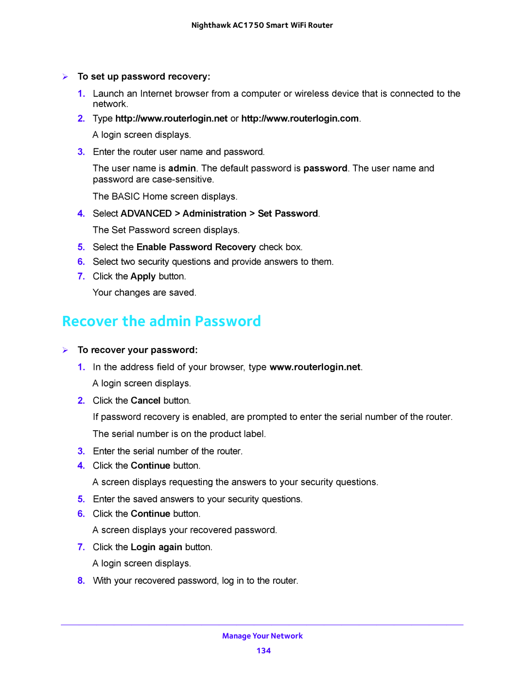 NETGEAR R6700 Recover the admin Password,  To set up password recovery, Select the Enable Password Recovery check box 