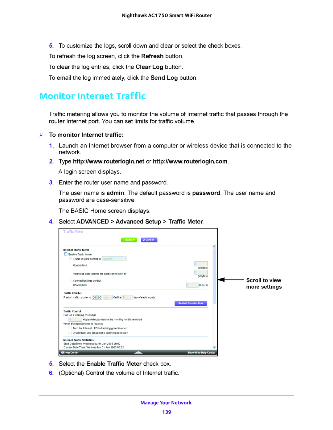 NETGEAR R6700 Monitor Internet Traffic,  To monitor Internet traffic, Select Advanced Advanced Setup Traffic Meter 