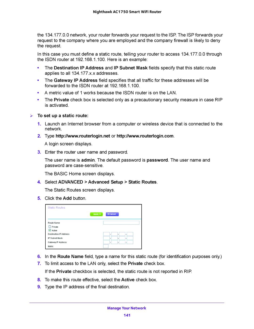 NETGEAR R6700 user manual  To set up a static route 