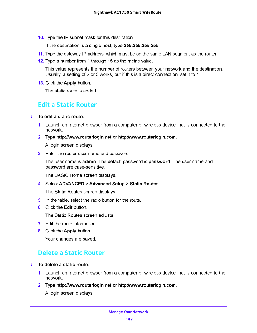 NETGEAR R6700 Edit a Static Router, Delete a Static Router,  To edit a static route,  To delete a static route 