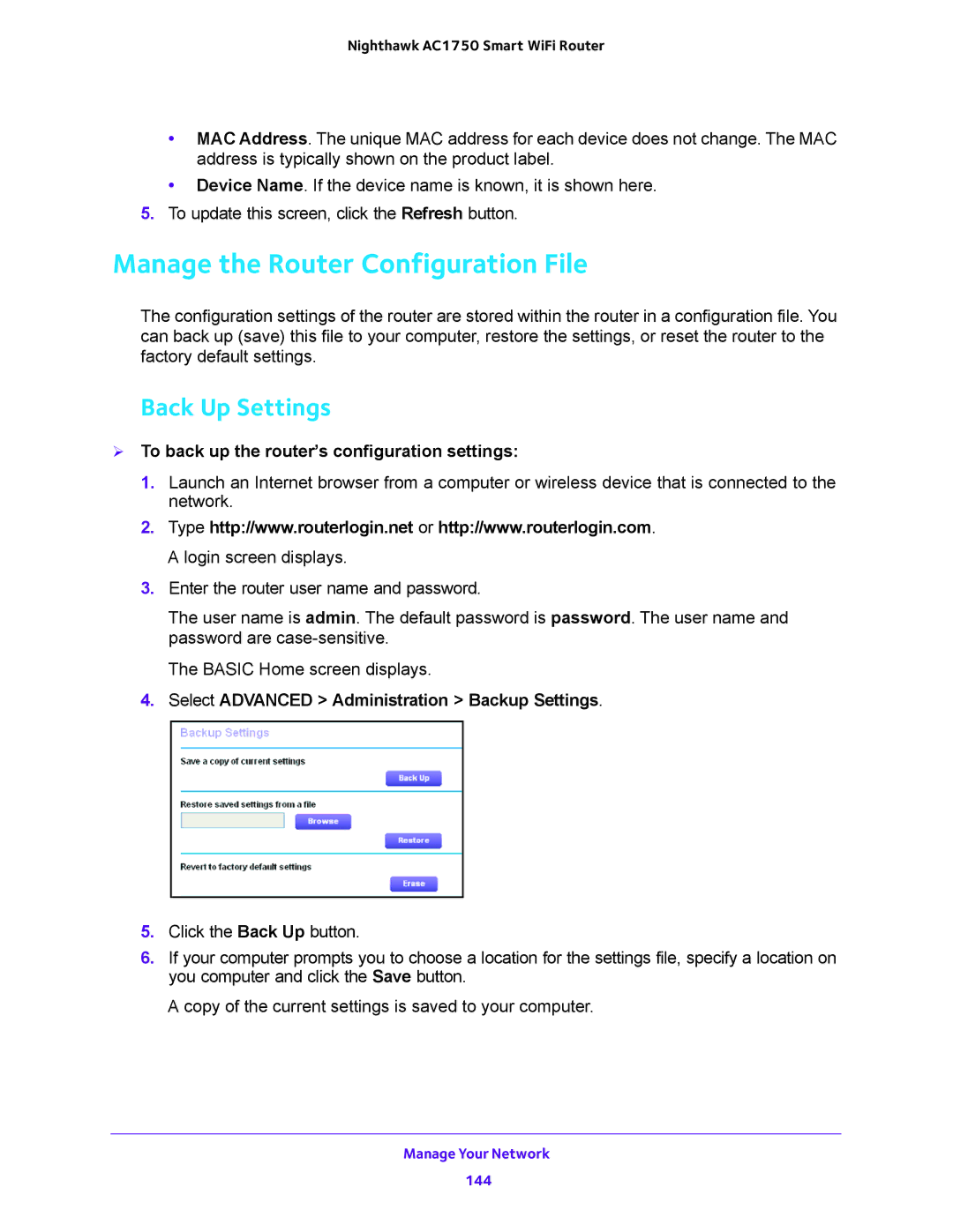 NETGEAR R6700 Manage the Router Configuration File, Back Up Settings,  To back up the router’s configuration settings 