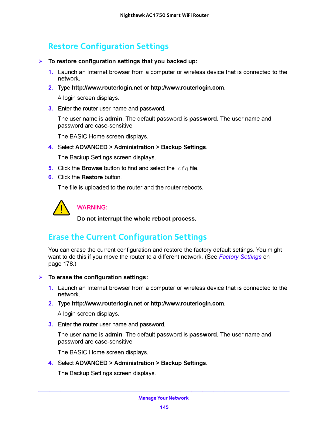 NETGEAR R6700 user manual Restore Configuration Settings, Erase the Current Configuration Settings 