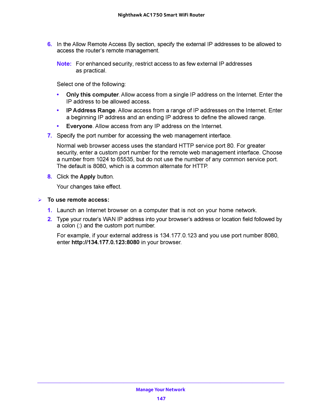 NETGEAR R6700 user manual  To use remote access 