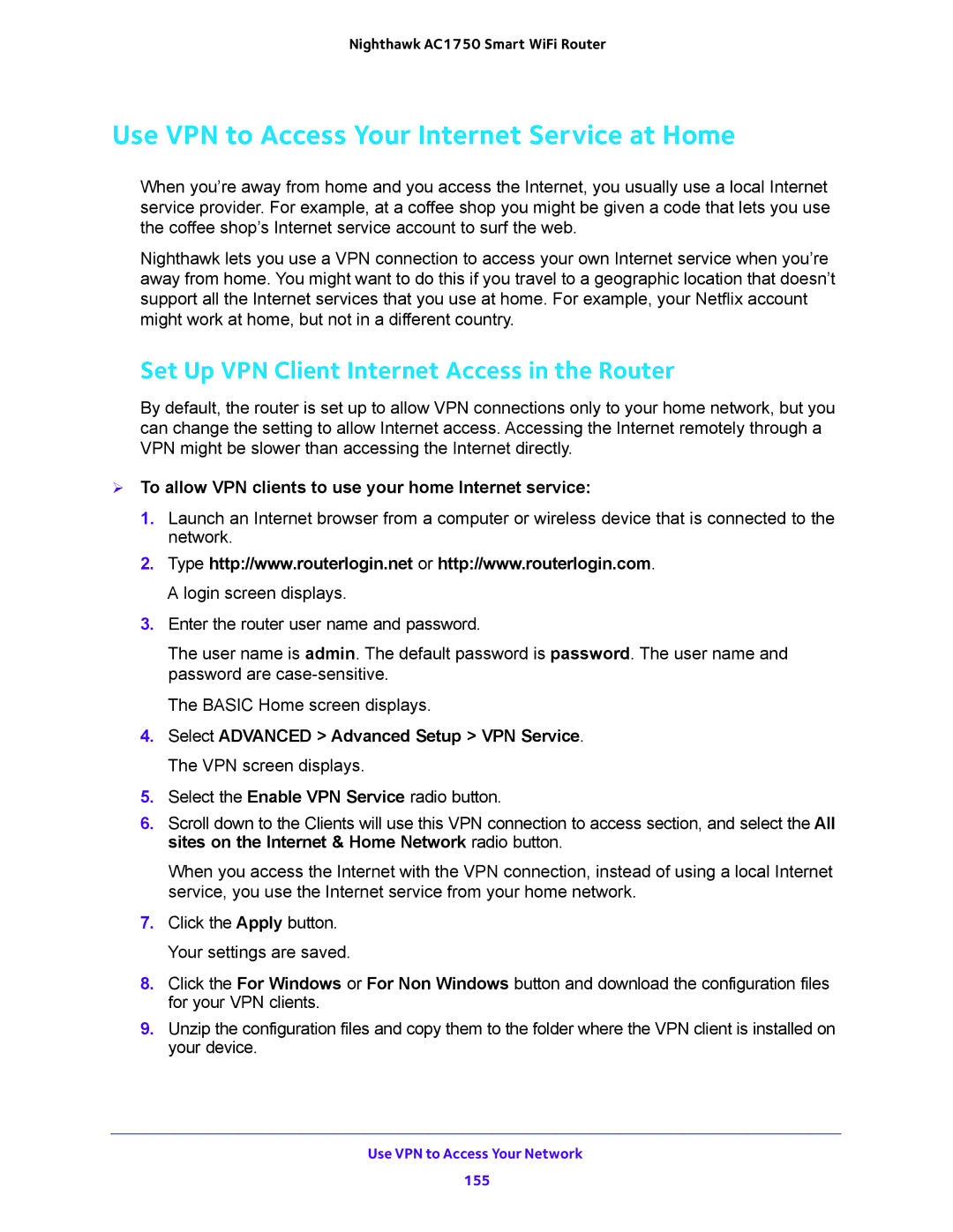 NETGEAR R6700 user manual Use VPN to Access Your Internet Service at Home, Set Up VPN Client Internet Access in the Router 