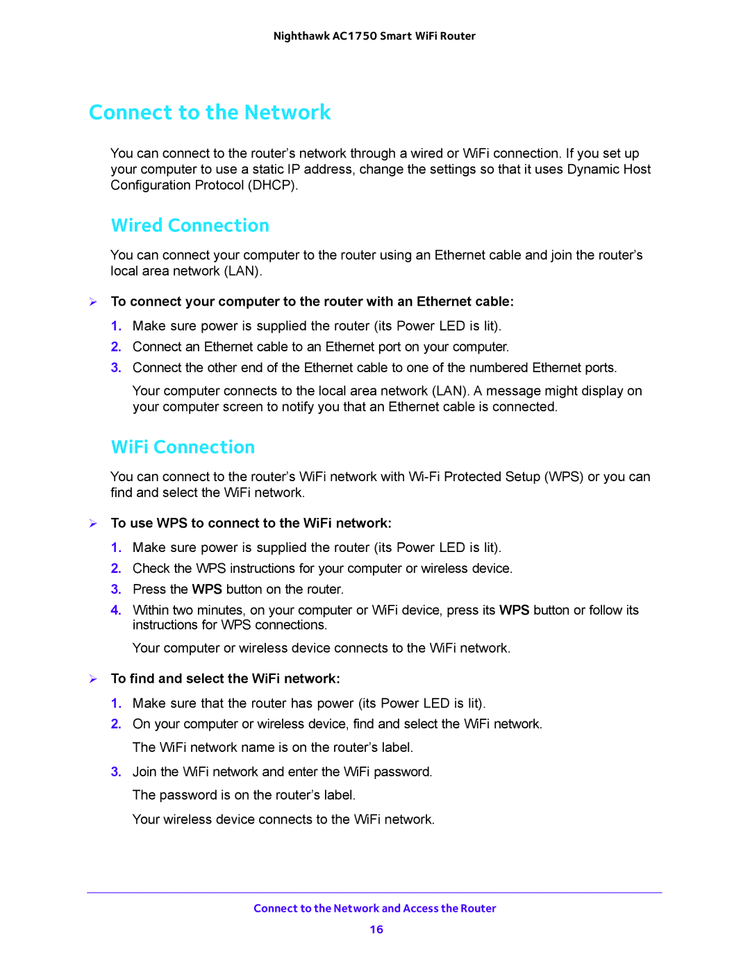 NETGEAR R6700 Connect to the Network, Wired Connection, WiFi Connection,  To use WPS to connect to the WiFi network 