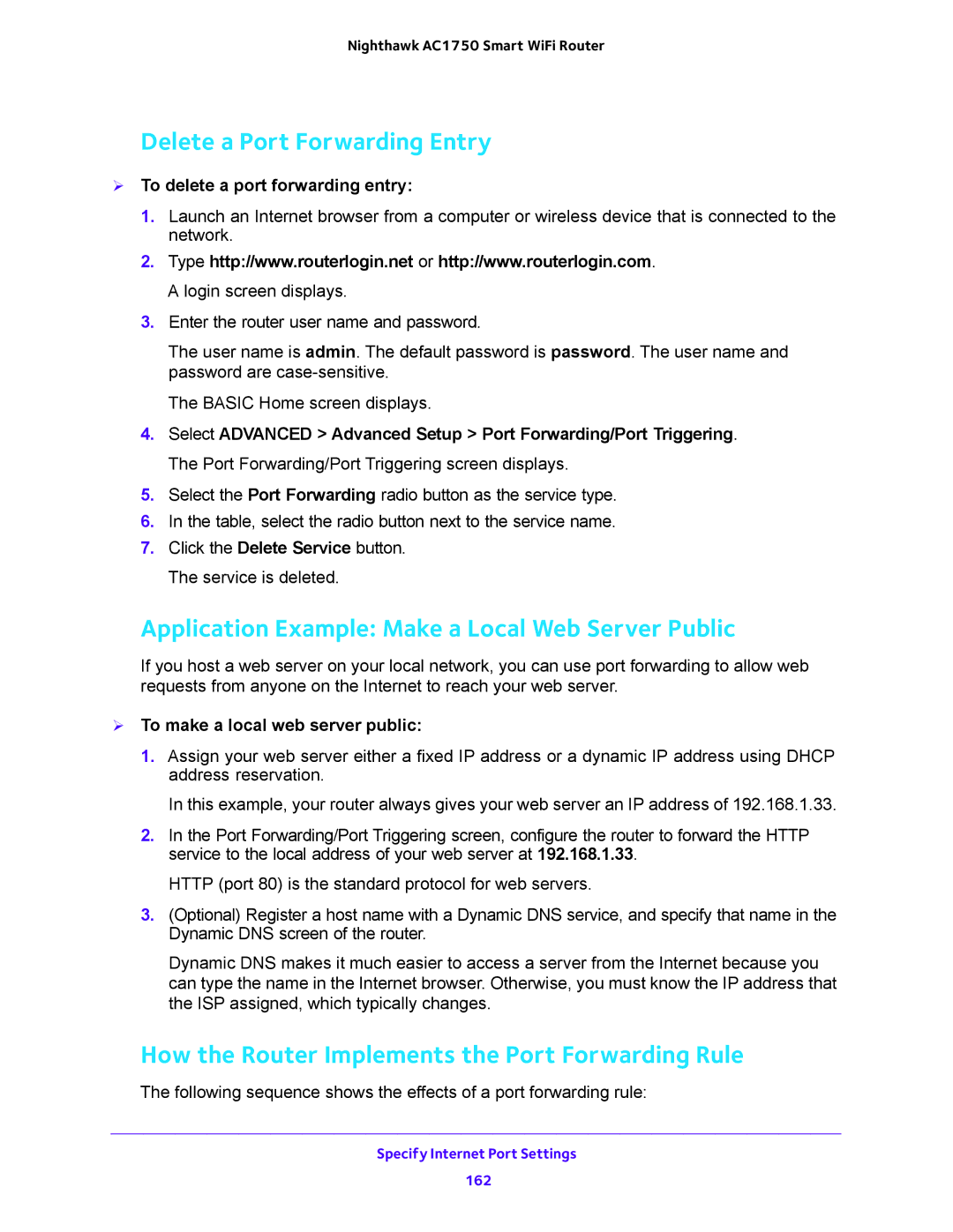 NETGEAR R6700 user manual Delete a Port Forwarding Entry, Application Example Make a Local Web Server Public 