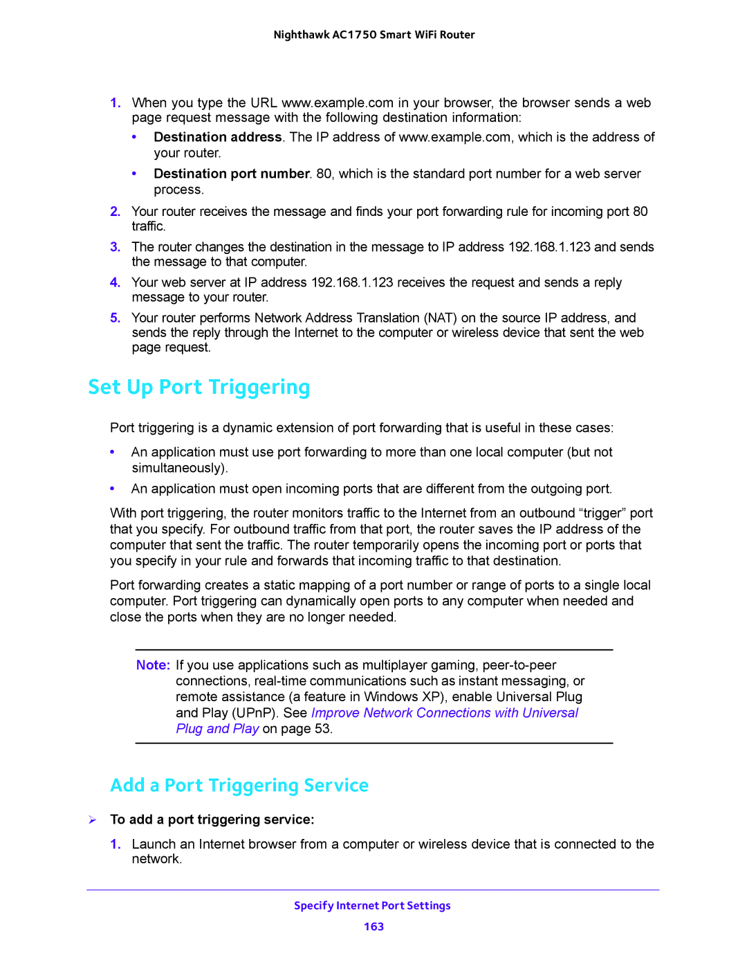 NETGEAR R6700 user manual Set Up Port Triggering, Add a Port Triggering Service,  To add a port triggering service 