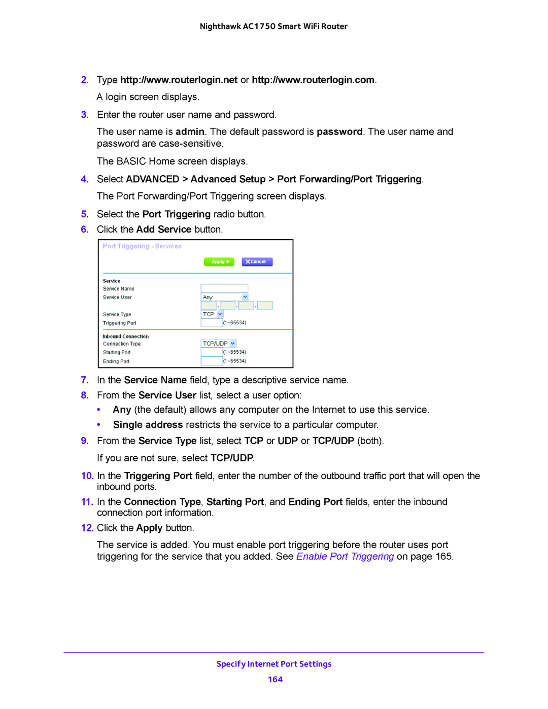 NETGEAR R6700 user manual Specify Internet Port Settings 164 