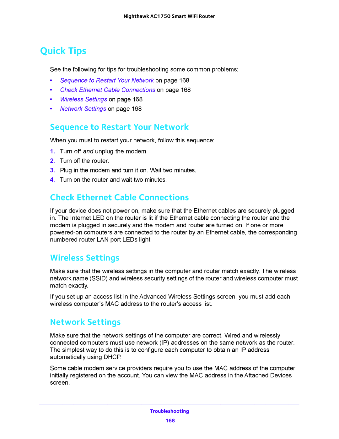 NETGEAR R6700 user manual Quick Tips, Sequence to Restart Your Network, Check Ethernet Cable Connections, Wireless Settings 