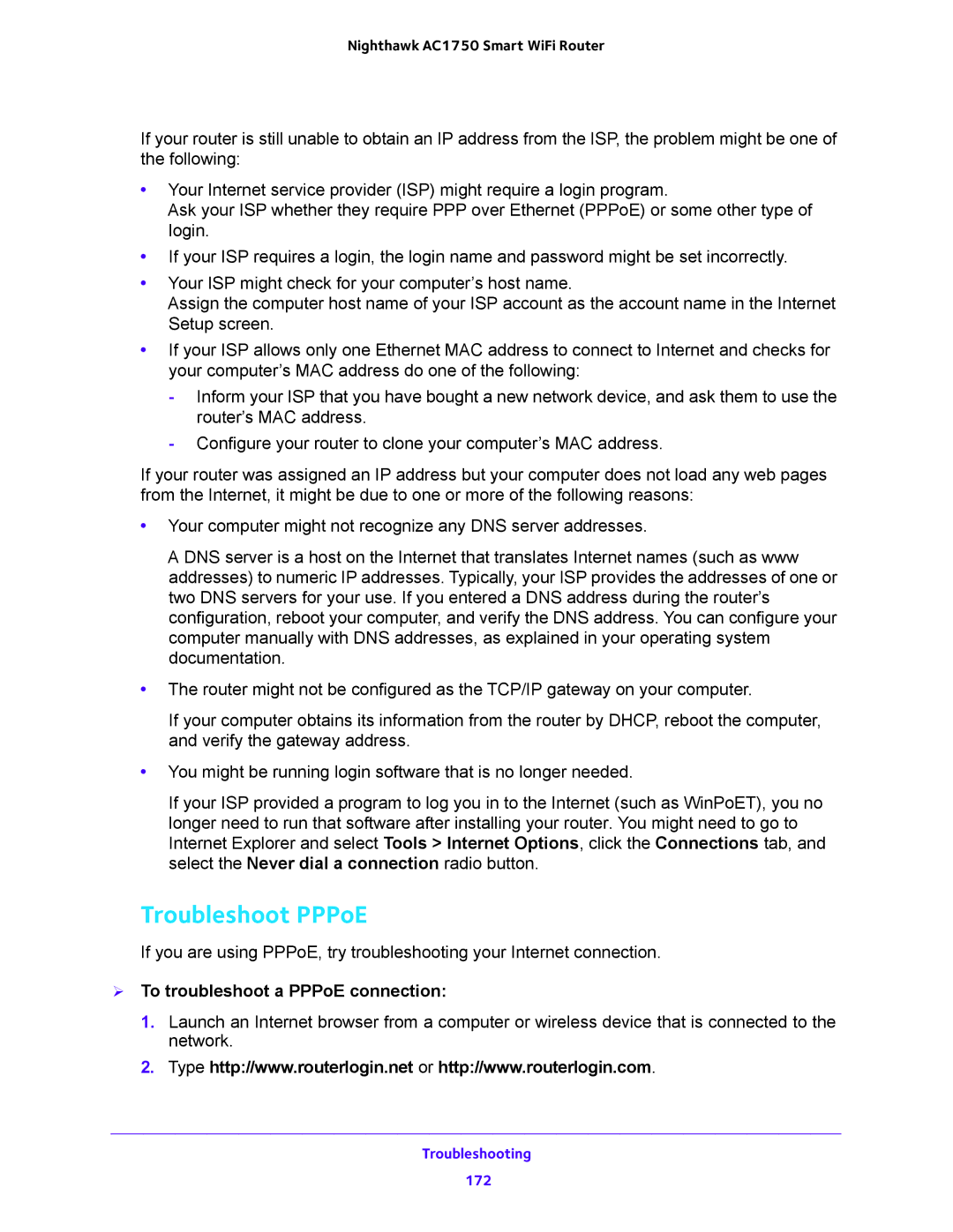 NETGEAR R6700 user manual Troubleshoot PPPoE,  To troubleshoot a PPPoE connection 