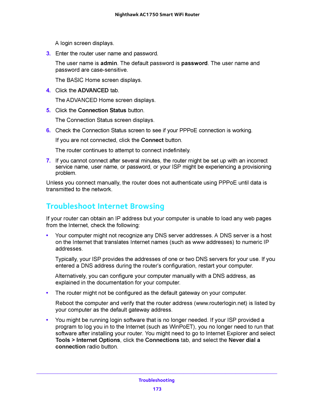 NETGEAR R6700 user manual Troubleshoot Internet Browsing 