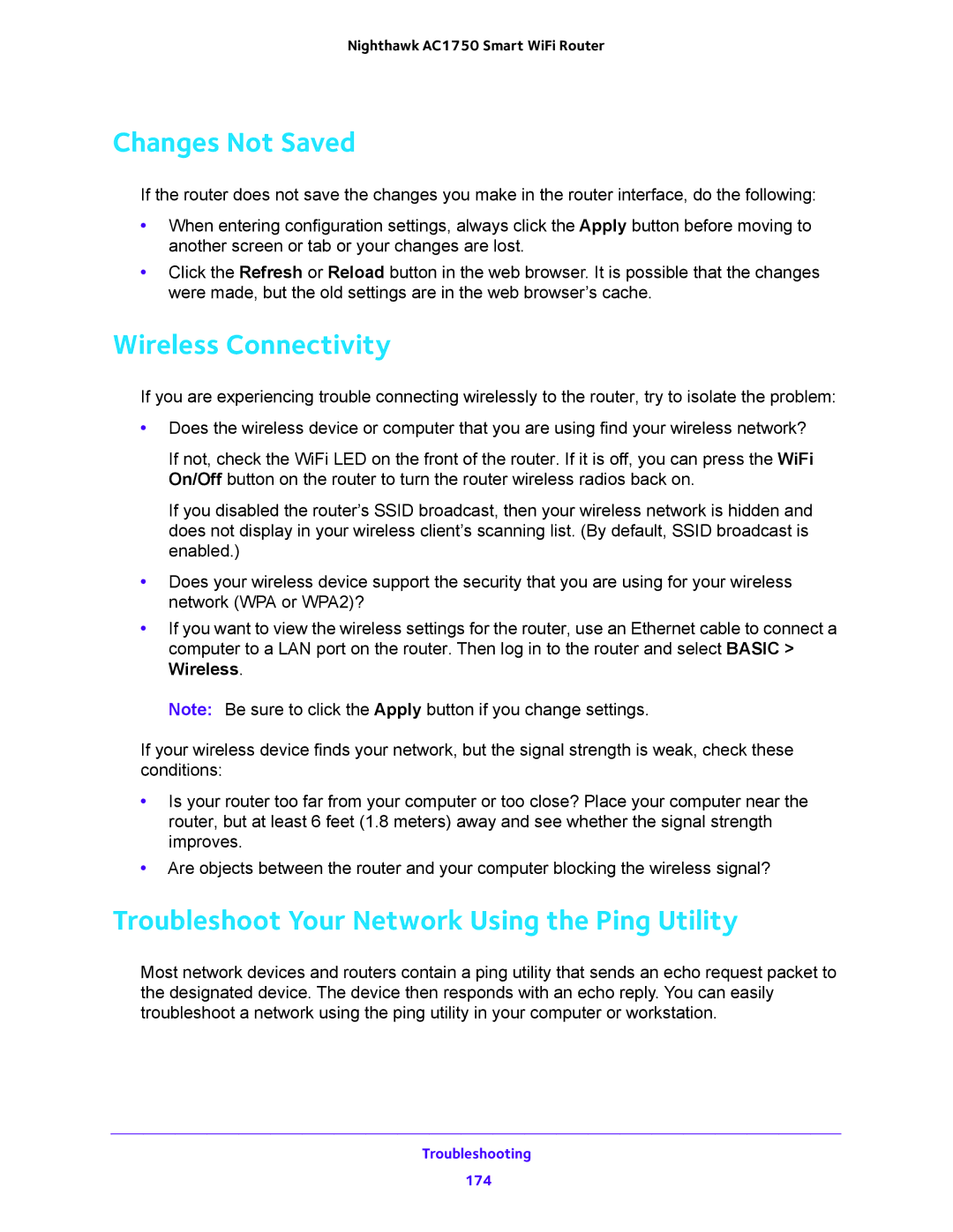 NETGEAR R6700 user manual Changes Not Saved, Wireless Connectivity, Troubleshoot Your Network Using the Ping Utility 