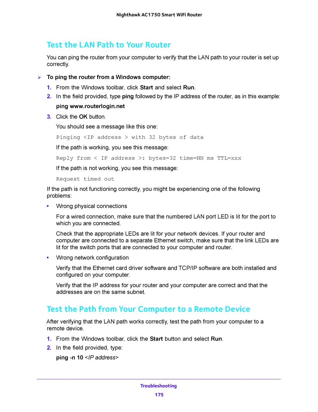 NETGEAR R6700 user manual Test the LAN Path to Your Router, Test the Path from Your Computer to a Remote Device 