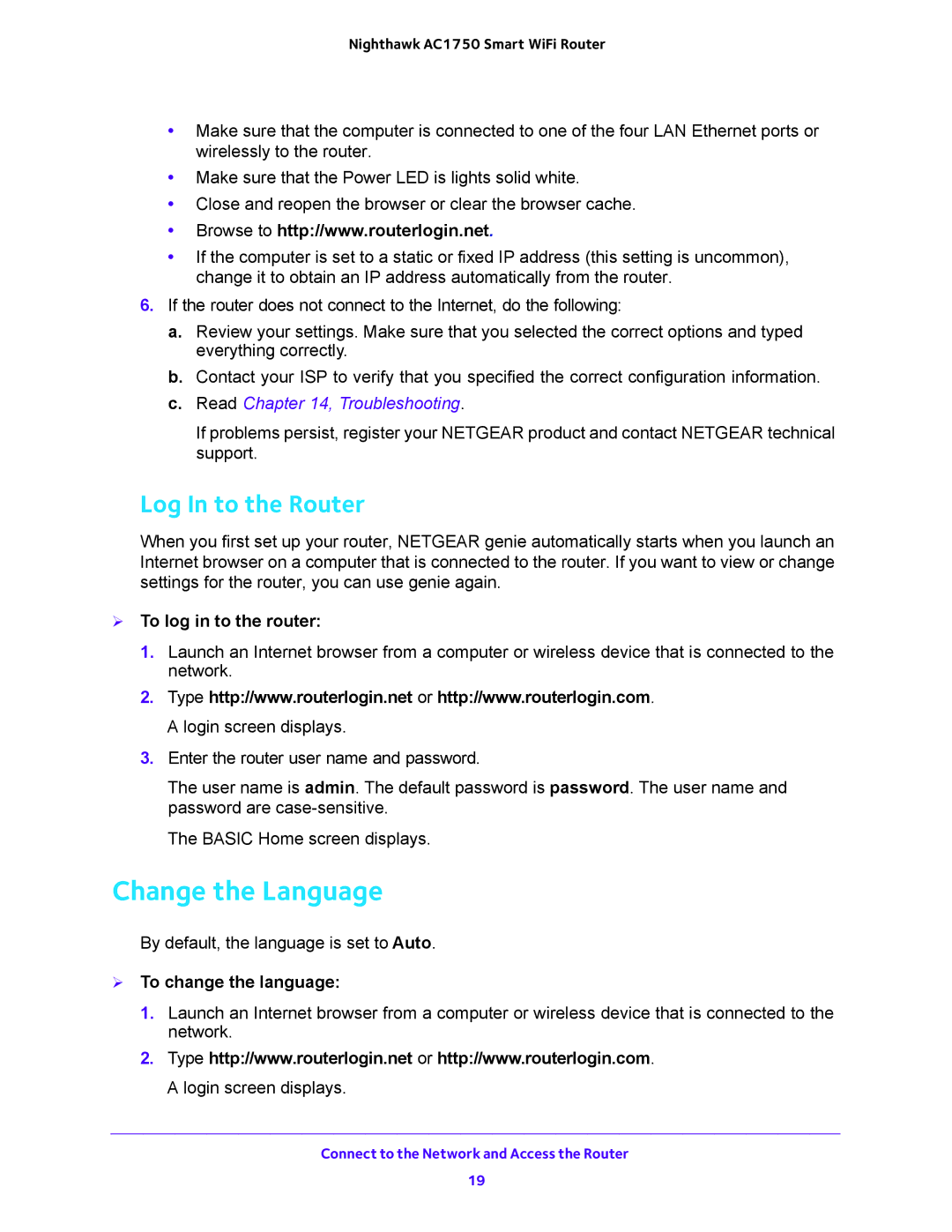 NETGEAR R6700 user manual Change the Language, Log In to the Router,  To log in to the router,  To change the language 