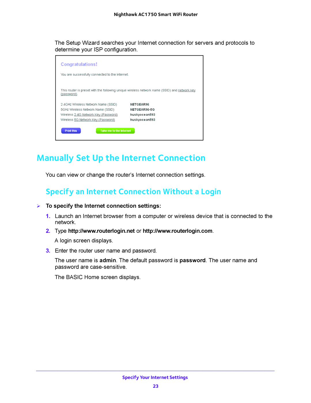 NETGEAR R6700 user manual Manually Set Up the Internet Connection, Specify an Internet Connection Without a Login 