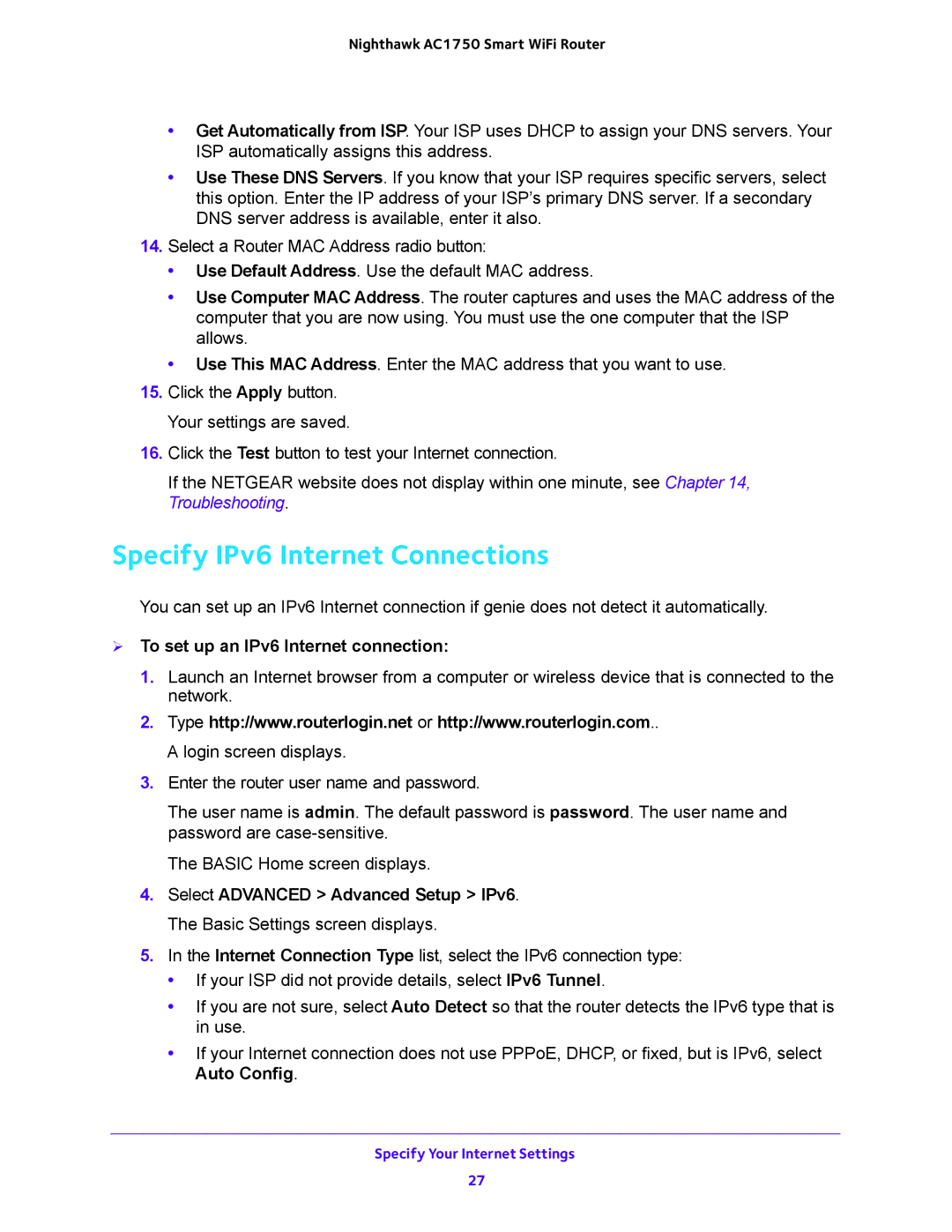 NETGEAR R6700 user manual Specify IPv6 Internet Connections,  To set up an IPv6 Internet connection 