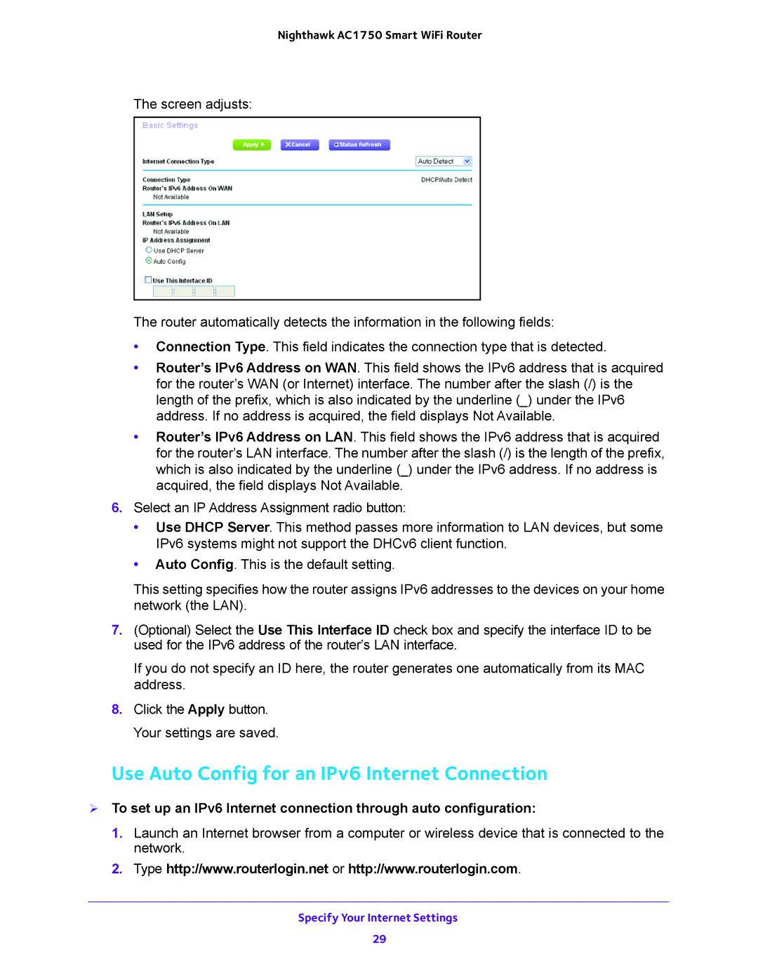 NETGEAR R6700 user manual Use Auto Config for an IPv6 Internet Connection 