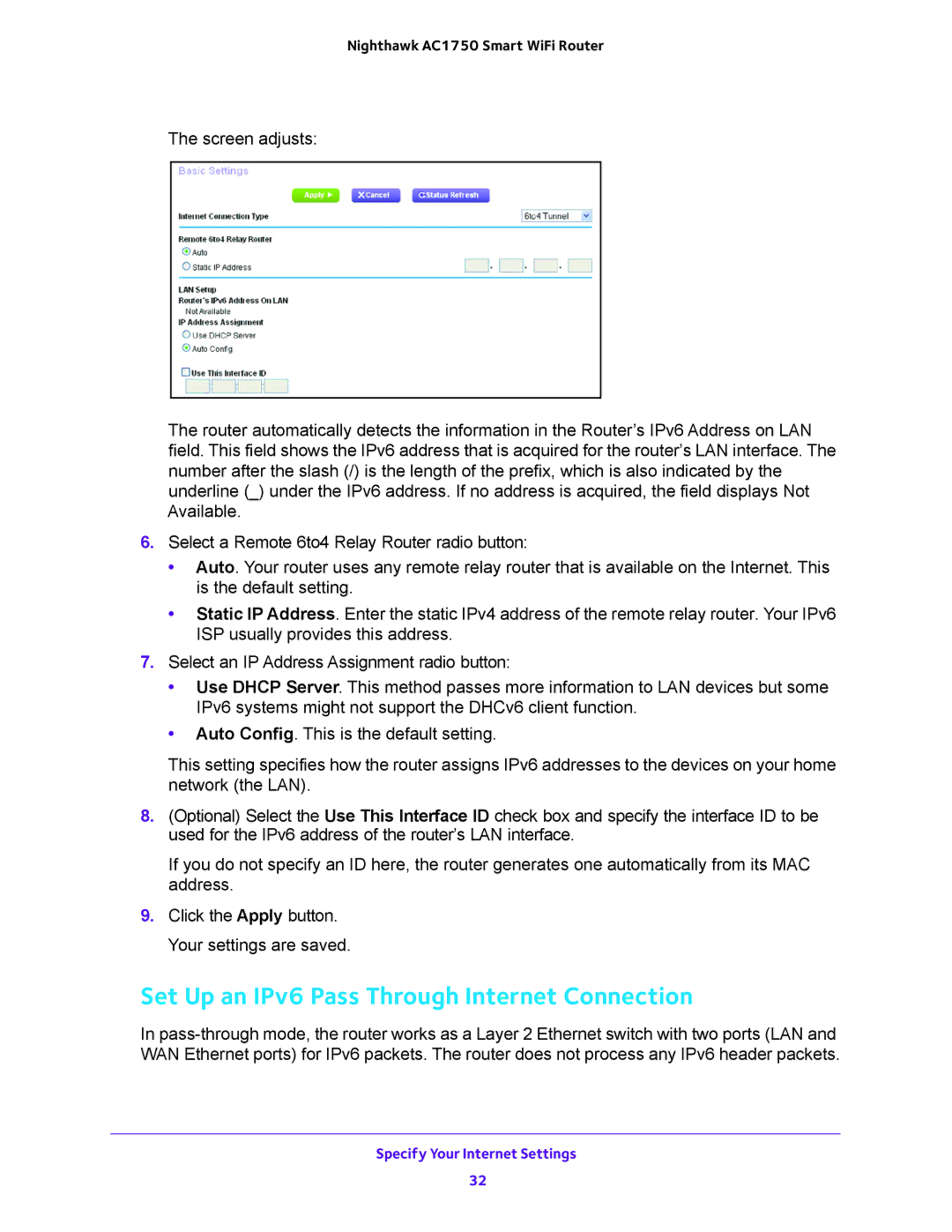 NETGEAR R6700 user manual Set Up an IPv6 Pass Through Internet Connection 