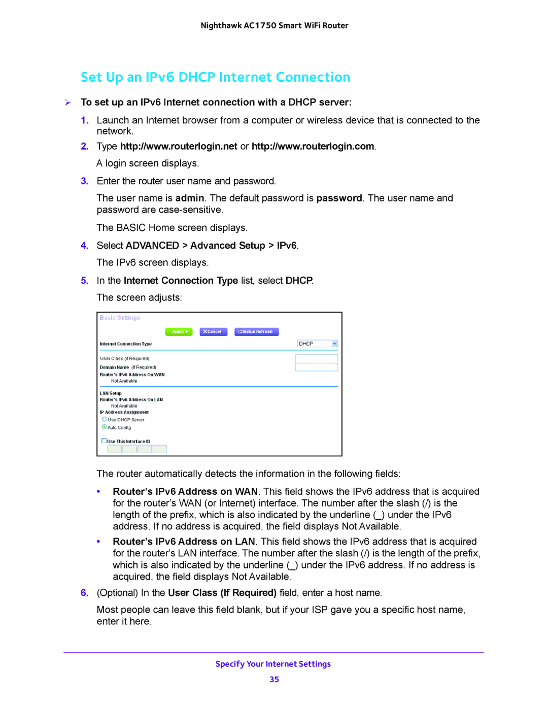 NETGEAR R6700 Set Up an IPv6 Dhcp Internet Connection,  To set up an IPv6 Internet connection with a Dhcp server 