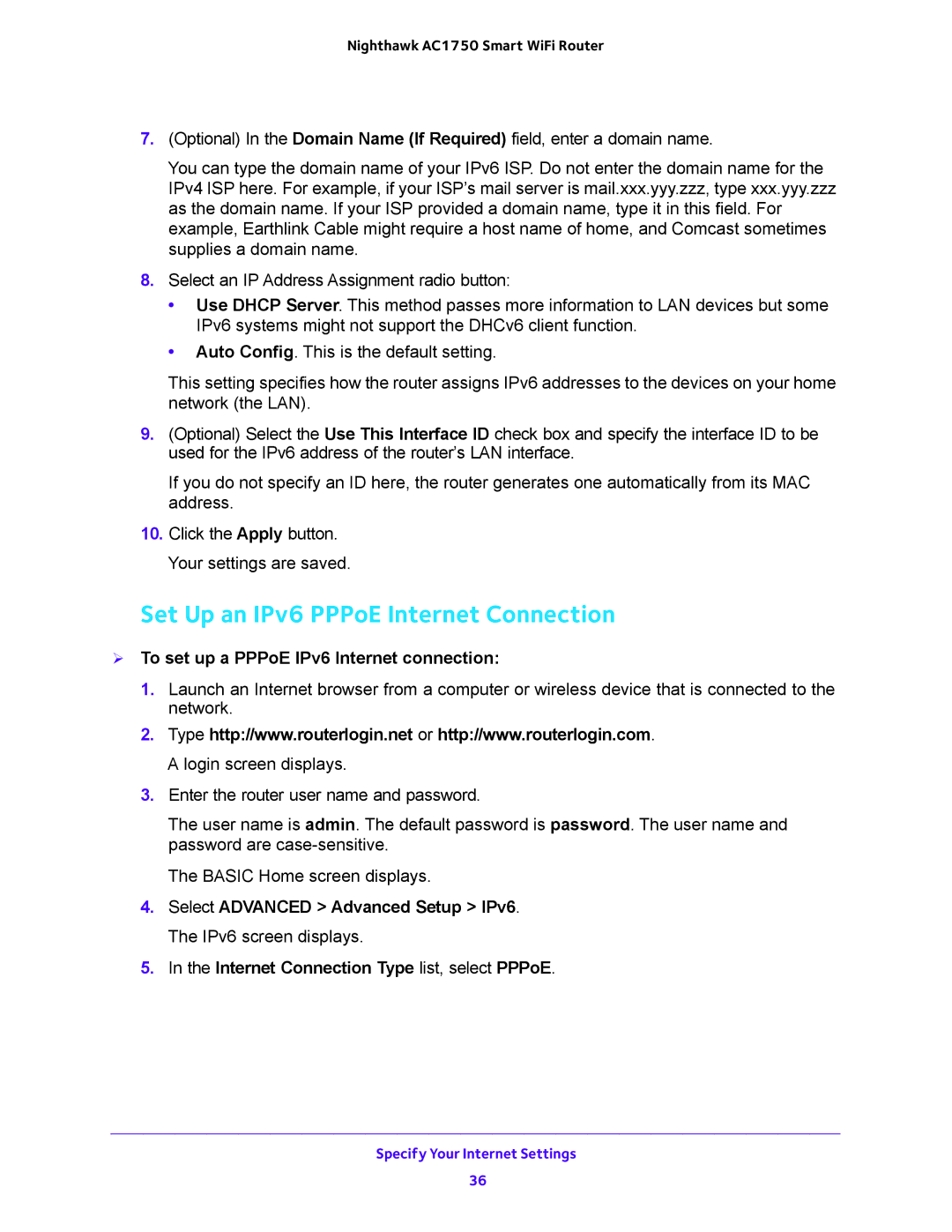 NETGEAR R6700 user manual Set Up an IPv6 PPPoE Internet Connection,  To set up a PPPoE IPv6 Internet connection 