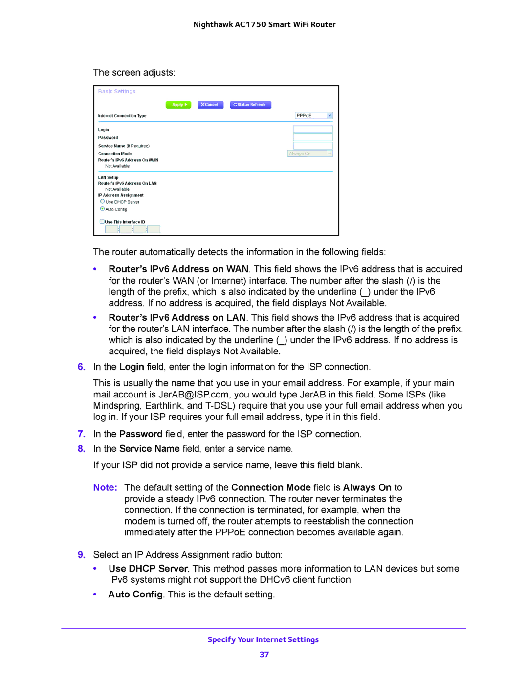 NETGEAR R6700 user manual Specify Your Internet Settings 