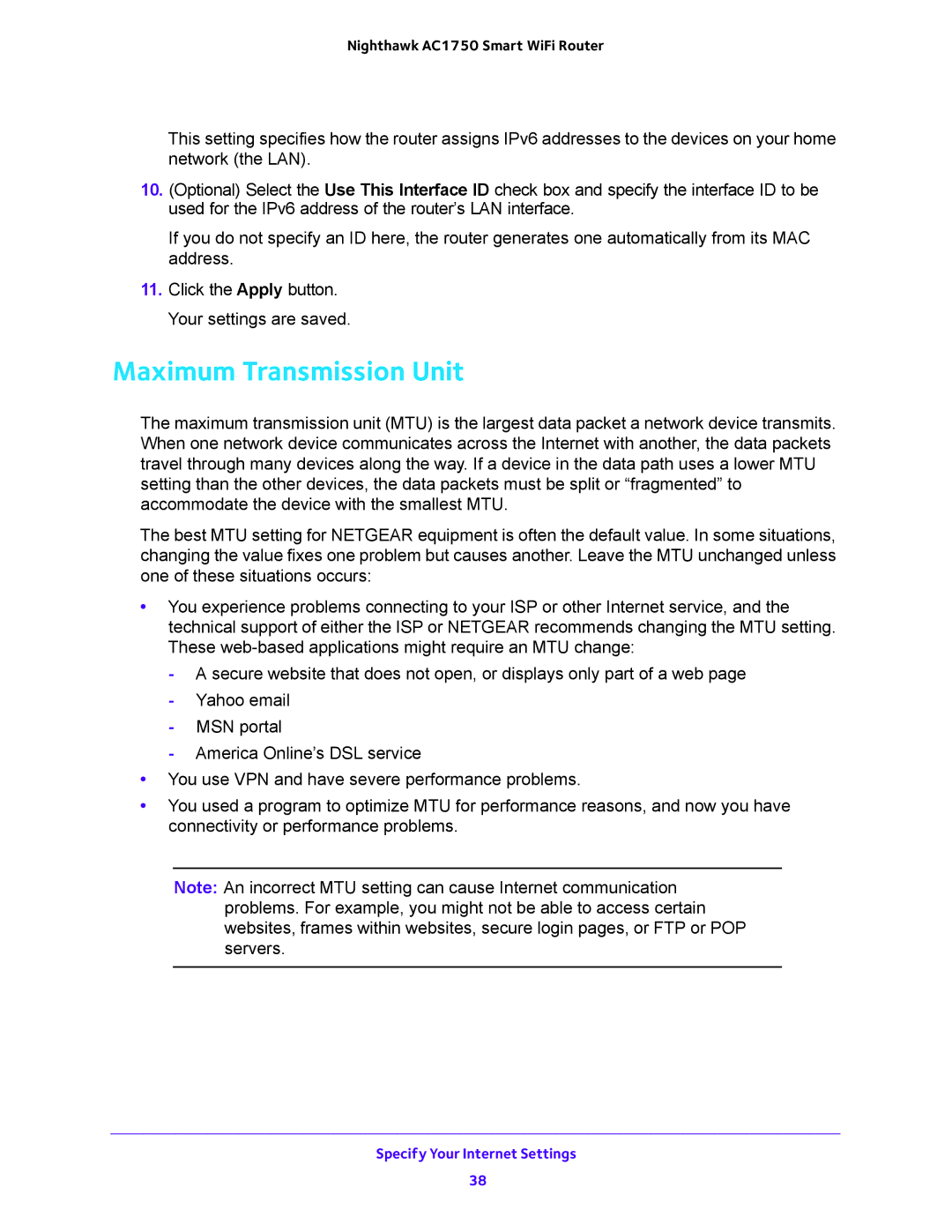 NETGEAR R6700 user manual Maximum Transmission Unit 