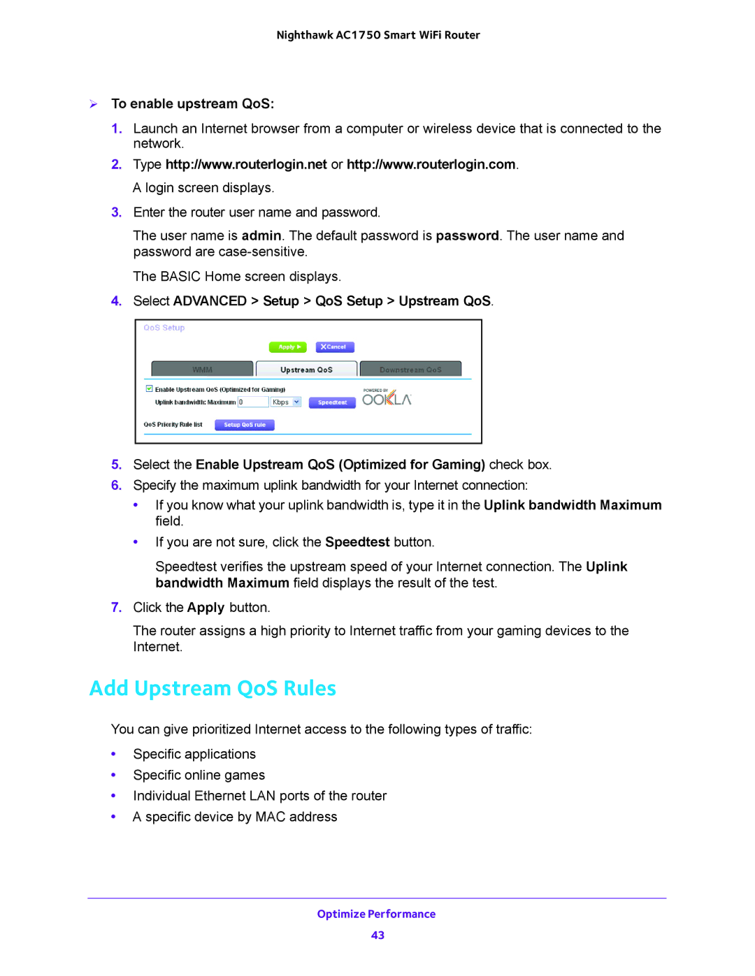 NETGEAR R6700 user manual Add Upstream QoS Rules,  To enable upstream QoS 