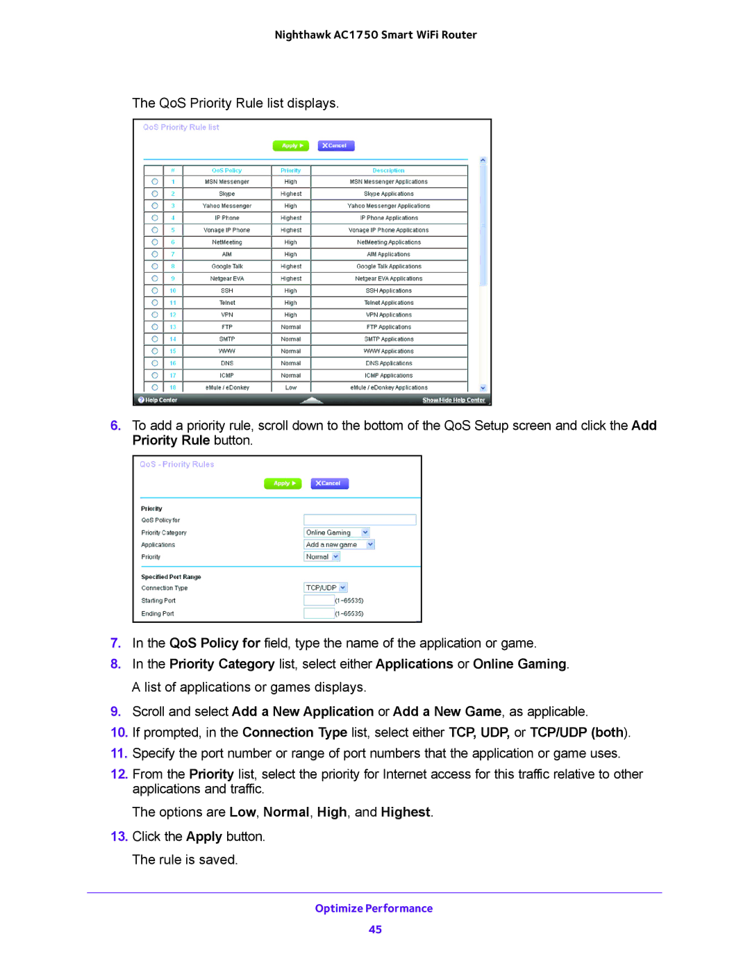 NETGEAR R6700 user manual Optimize Performance 