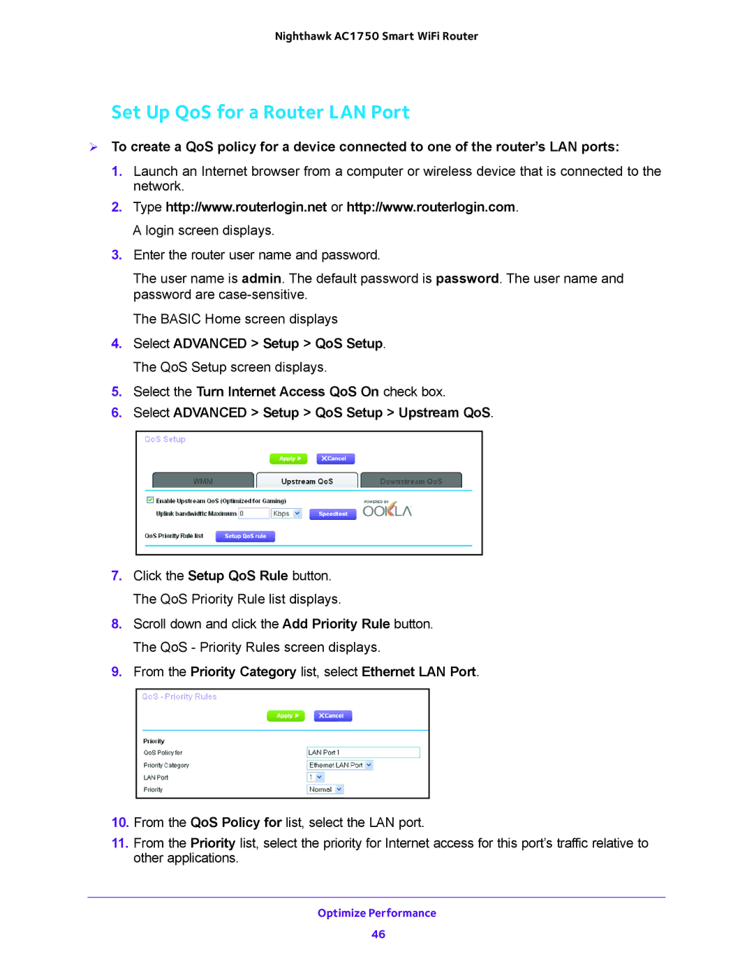 NETGEAR R6700 user manual Set Up QoS for a Router LAN Port, From the Priority Category list, select Ethernet LAN Port 