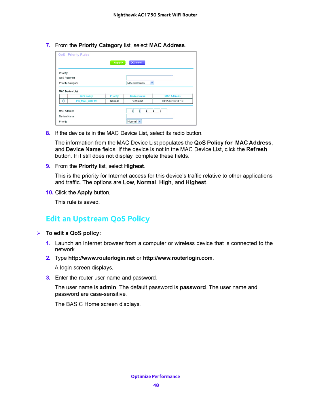 NETGEAR R6700 Edit an Upstream QoS Policy, From the Priority Category list, select MAC Address,  To edit a QoS policy 