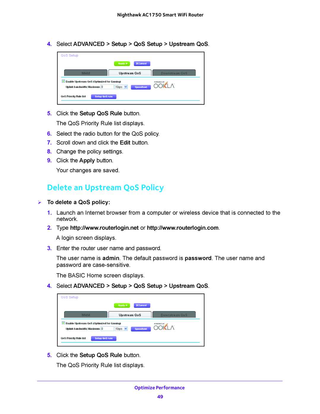 NETGEAR R6700 user manual Delete an Upstream QoS Policy,  To delete a QoS policy 