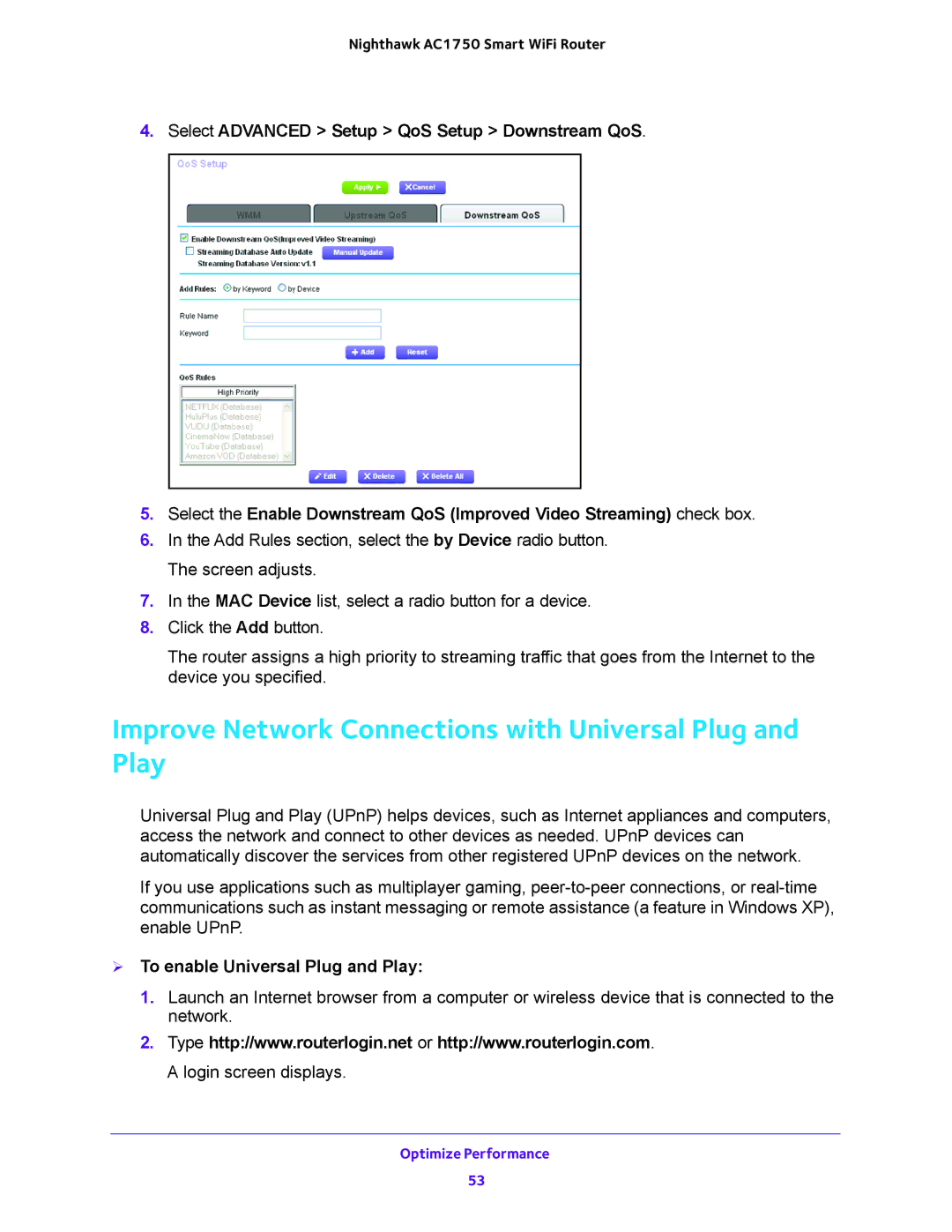 NETGEAR R6700 user manual Improve Network Connections with Universal Plug and Play,  To enable Universal Plug and Play 