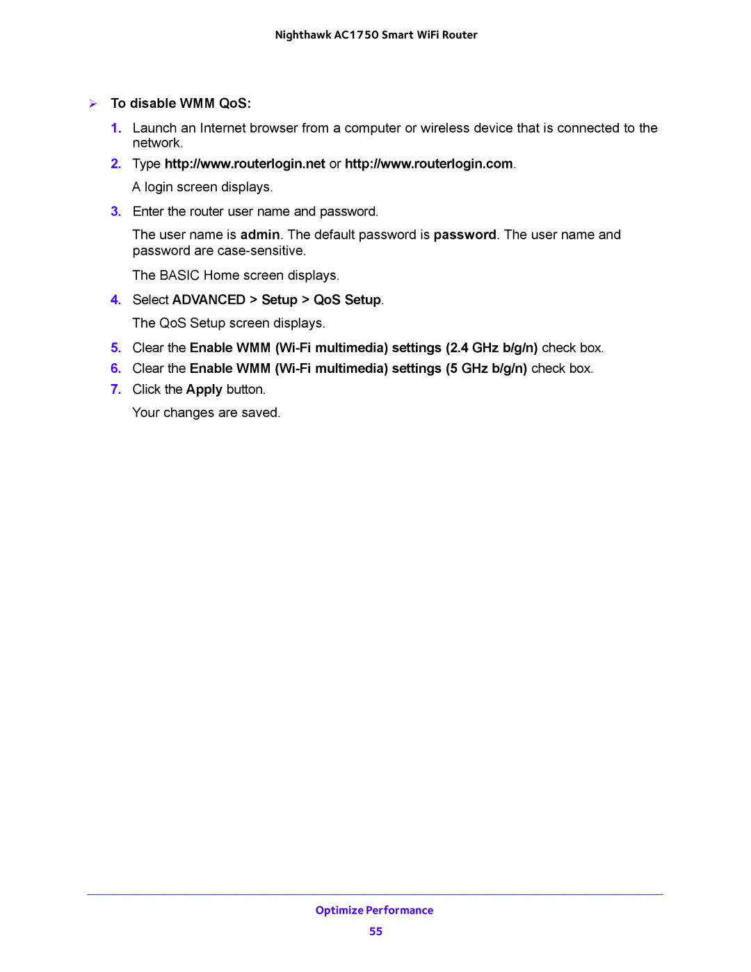 NETGEAR R6700 user manual  To disable WMM QoS 