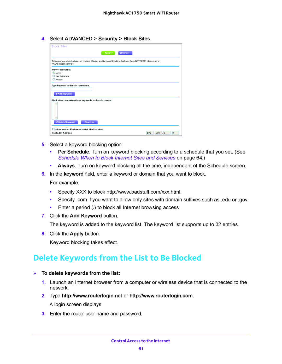 NETGEAR R6700 user manual Delete Keywords from the List to Be Blocked, Select Advanced Security Block Sites 