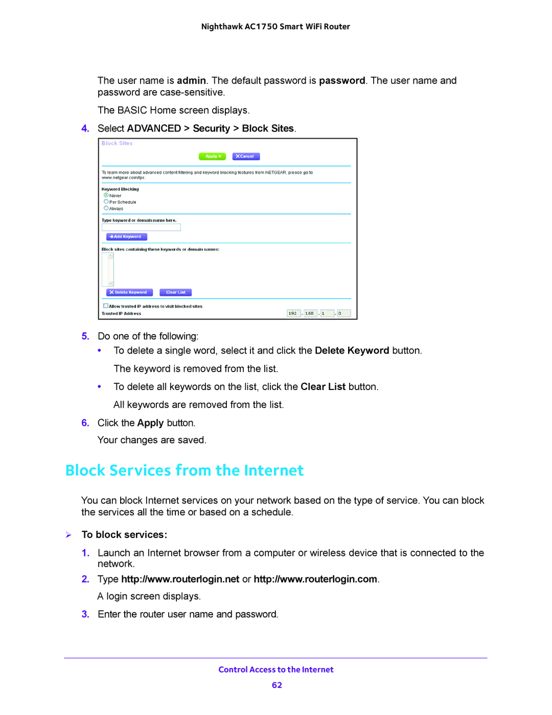 NETGEAR R6700 user manual Block Services from the Internet,  To block services 