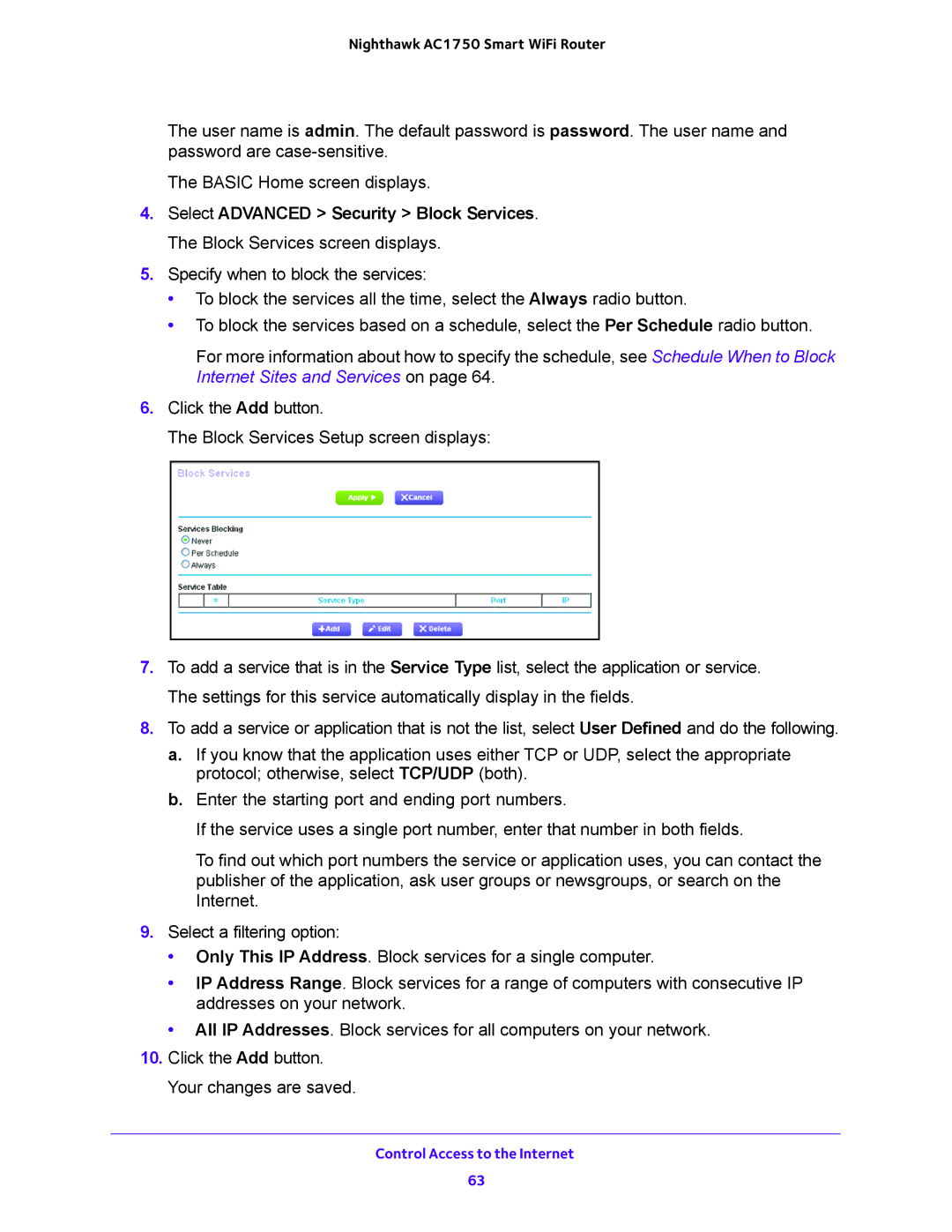 NETGEAR R6700 user manual Control Access to the Internet 