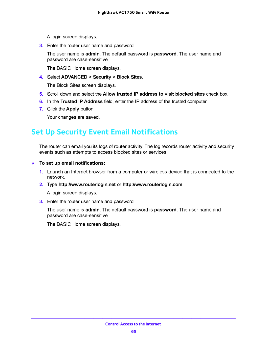 NETGEAR R6700 user manual Set Up Security Event Email Notifications,  To set up email notifications 